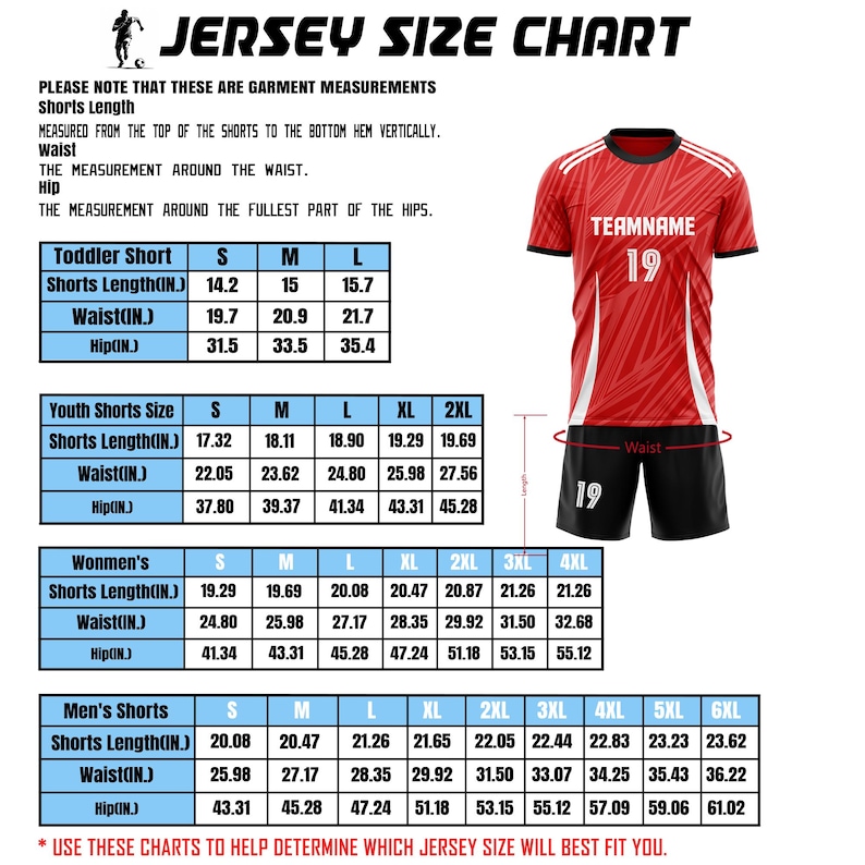 May include: A jersey size chart featuring a red and white patterned jersey and black shorts with the text TEAMNAME and the number 19. The chart includes tables for toddler, youth, women's, and men's shorts with measurements in inches.