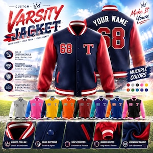 May include: A custom varsity jacket featuring a navy blue body with red sleeves, a ribbed collar, snap buttons, and side pockets. The front displays the number 68 and the letter T, while the back shows the text YOUR NAME and the number 68.