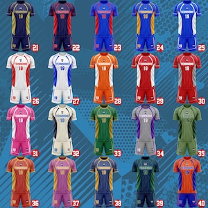 May include: A collection of twenty sports uniforms, each consisting of a short-sleeved jersey and matching shorts. Every jersey features the text TEAMNAME and the number 19 on the front. The uniforms are displayed in various color combinations.
