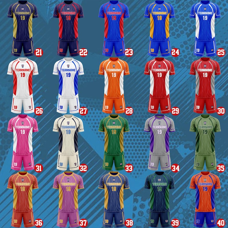 May include: A collection of twenty sports uniforms, each consisting of a short-sleeved jersey and matching shorts. Every jersey features the text TEAMNAME and the number 19 on the front. The uniforms are displayed in various color combinations.