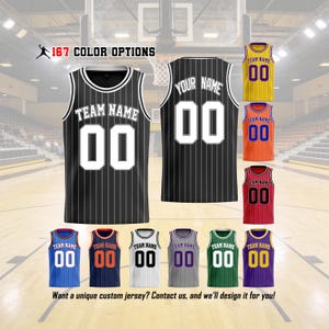 May include: A sleeveless basketball jersey featuring a pinstripe pattern, a round neckline, and customizable text fields for team name, player name, and number. The design is displayed in multiple color variations against a basketball court background.