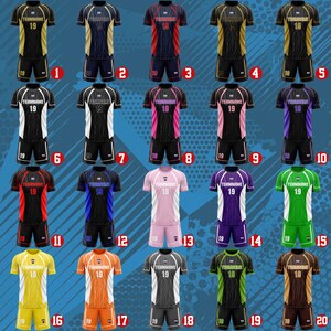 May include: A collection of twenty sports uniforms, each consisting of a short-sleeved jersey and matching shorts. Every jersey features the text TEAMNAME and the number 19 on the chest, displayed in various color combinations including gold, red, pink, purple, blue, green, orange, and grey.