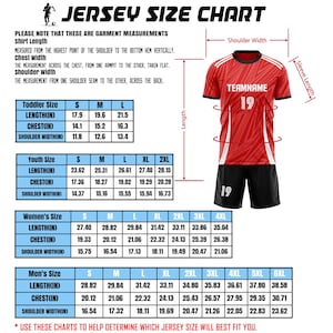 May include: A jersey size chart featuring a red and white patterned soccer shirt and black shorts with the number 19. The graphic includes tables for toddler, youth, women's, and men's sizes with measurements in inches for length, chest, and shoulder width.