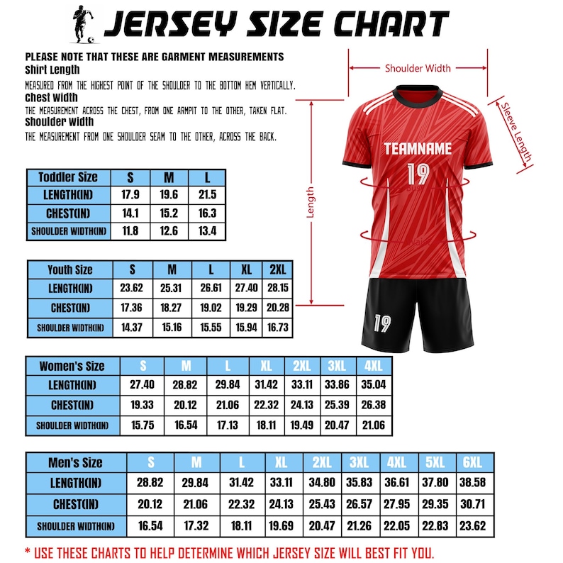 May include: A jersey size chart featuring a red and white patterned soccer shirt and black shorts with the number 19. The graphic includes tables for toddler, youth, women's, and men's sizes with measurements in inches for length, chest, and shoulder width.