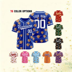 May include: A collection of custom baseball jerseys featuring 75 color options. Each jersey displays a repeating pattern of a child's face, the text Teamname, and the number 00. The back of the blue jersey shows the text Your Name and number 00.