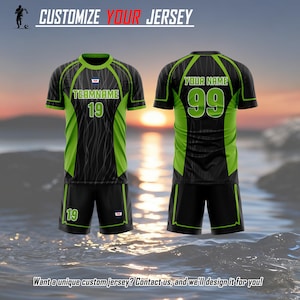 May include: A black and lime green sports jersey and shorts set featuring the text CUSTOMIZE YOUR JERSEY at the top. The jersey displays TEAMNAME and the number 19 on the front, with YOUR NAME and the number 99 on the back. The shorts feature the number 19.