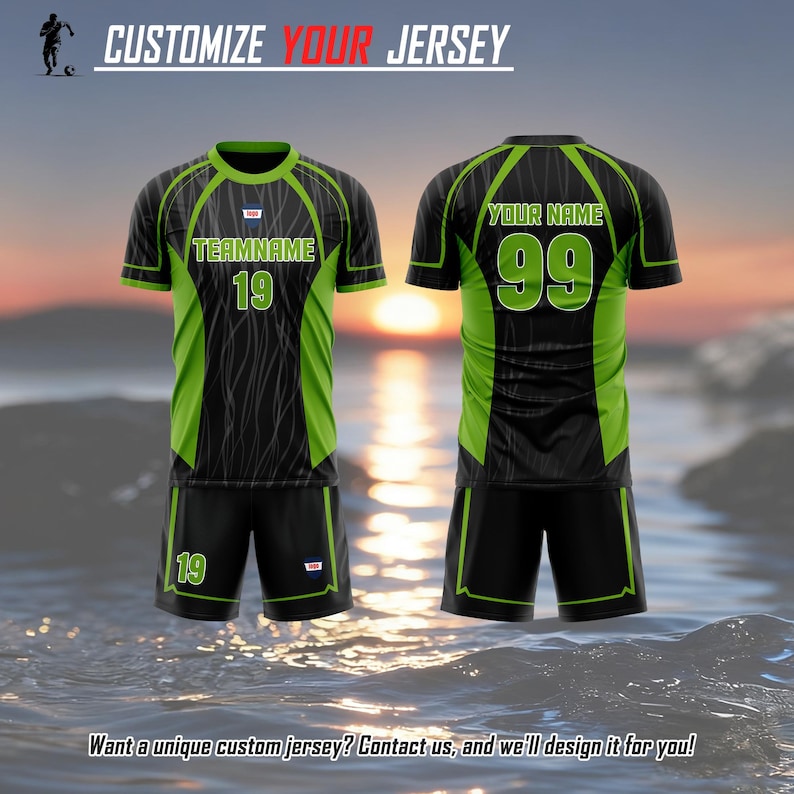 May include: A black and lime green sports jersey and shorts set featuring the text CUSTOMIZE YOUR JERSEY at the top. The jersey displays TEAMNAME and the number 19 on the front, with YOUR NAME and the number 99 on the back. The shorts feature the number 19.