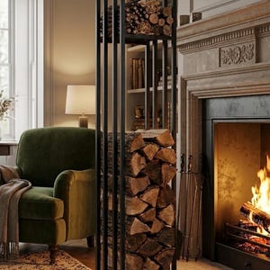 May include: A tall, vertical black metal firewood rack with a rectangular frame and open sides. The rack features two distinct storage levels, with the lower section filled with stacked, split logs and the upper section holding smaller pieces of wood.