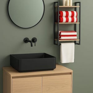 Rustic Wall Mounted Bathroom Shelf with Towel Rack – Industrial Metal & Wood Organizer for Towels and Toiletries