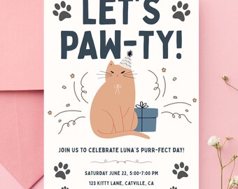 Editable Cat Party Invitation | Kitty Birthday Canva Template | Instant Download | Digital Let's Paw-ty Printable