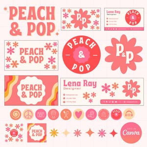 Peach Canva Brand Kit | Retro Logo Templates, Social Media Kit, Facebook Instagram Covers, Business Card | Editable Branding Set | Groovy