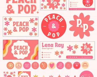 Kit de marca Peach Canva / Plantillas de logotipo retro, kit para redes sociales, portadas de Facebook e Instagram, tarjeta de presentación / conjunto de marca editable / Groovy