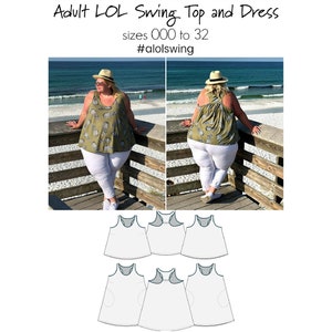 May include: An olive green swing top and dress with a pattern of small, light-coloured shapes. The text "Adult LOL Swing Top and Dress" is at the top, with "sizes 000 to 32" below it. The hashtag #alolswing is also present.