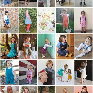 K&ouml;nnte beinhalten: Eine Collage aus Fotos, die Kinder in verschiedenen Overalls zeigen. Die Overalls sind in verschiedenen Farben und Mustern, darunter Denim, Blumen und Karos. Einige der Kinder halten Obst, w&auml;hrend andere spielen oder f&uuml;r die Kamera posieren.
