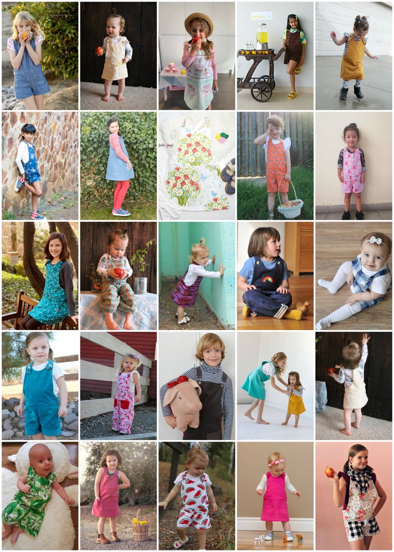 K&ouml;nnte beinhalten: Eine Collage aus Fotos, die Kinder in verschiedenen Overalls zeigen. Die Overalls sind in verschiedenen Farben und Mustern, darunter Denim, Blumen und Karos. Einige der Kinder halten Obst, w&auml;hrend andere spielen oder f&uuml;r die Kamera posieren.