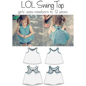 Könnte beinhalten: Ein weißes ärmelloses Swing-Top mit türkisfarbenem Besatz und einer türkisfarbenen Rückenpartie. Das Oberteil ist in einer flachen Lage mit Vorder- und Rückseite dargestellt. Der Text "LOL Swing Top" und "Mädchen Größen Neugeborene bis 12 Jahre" ist über dem Bild zu sehen.