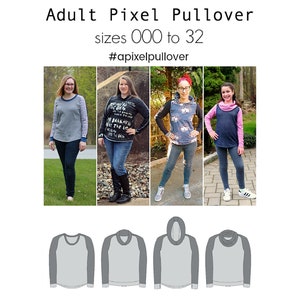 May include: Four different styles of a gray and light gray pixel pullover sweater. The sweater is available in sizes 000 to 32. #pixelpullover