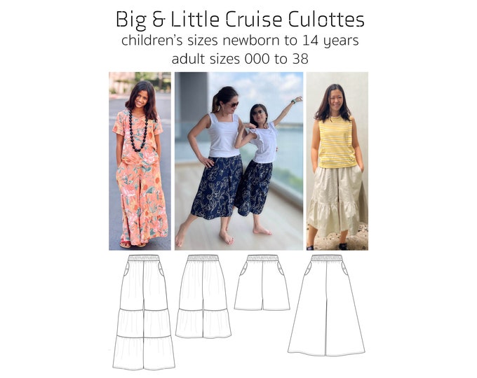 Big & Little Cruise Culottes, PDF Sewing Pattern, Culotte Pattern, Children Sewing, Adult Sewing, Print at Home PDF, A0, Projection Sewing