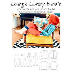 May include: The image showcases a child wearing a red hooded sweatshirt and coral-colored pants with blue cuffs, seated in a yellow cushioned chair. The text "Lounge Library Bundle" and "children's sizes newborn to 14" are visible, along with garment sketches.