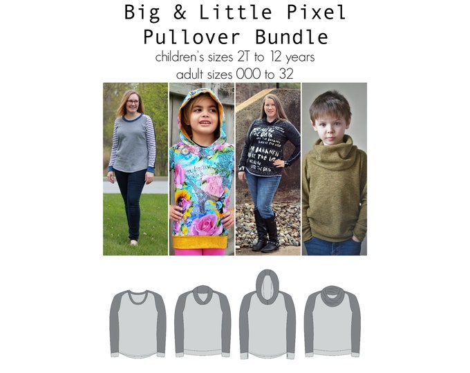 Big & Little Pixel Pullover, PDF Sewing Pattern, Sweatshirt Pattern, Hoodie Pattern, Children Adult Sewing, Print at Home PDF, A0, Projector