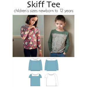May include: A sewing pattern for a children's long-sleeved tee shirt, called the "Skiff Tee", with sizes from newborn to 12 years. The pattern includes illustrations of the shirt in different colors and styles.