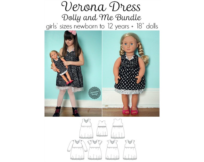 Verona Dress, PDF Sewing Pattern, Doll Dress PDF, 18 Inch Doll Sewing, Girl Sewing, Dolly and Me Sewing, Pattern Bundle, Print at Home PDF