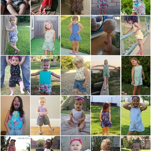 Puede incluir: Un collage de 25 fotos con ni&ntilde;os que llevan diferentes monos coloridos y estampados. Los monos est&aacute;n hechos de diferentes telas y tienen una variedad de estilos, incluyendo sin mangas, manga corta y manga larga.