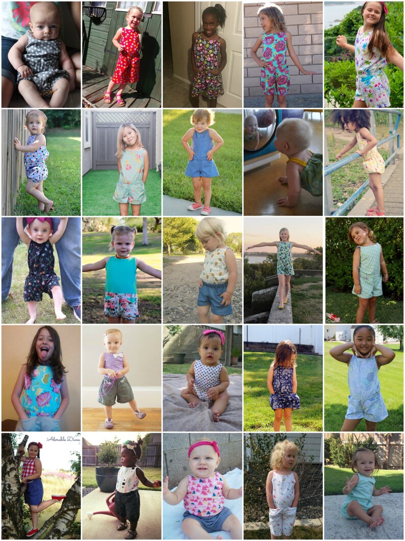 Puede incluir: Un collage de 25 fotos con ni&ntilde;os que llevan diferentes monos coloridos y estampados. Los monos est&aacute;n hechos de diferentes telas y tienen una variedad de estilos, incluyendo sin mangas, manga corta y manga larga.