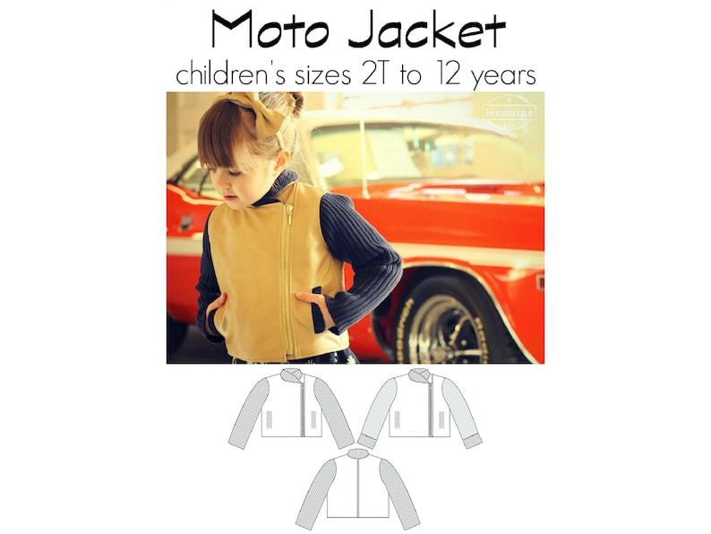 May include: A child's moto jacket sewing pattern in sizes 2T to 12 years. The pattern includes a front view of the jacket and a back view of the jacket.
