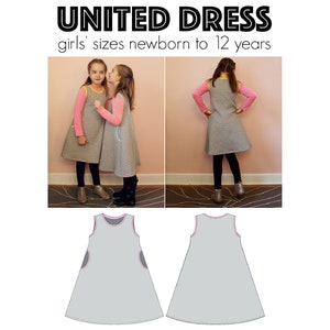 United Dress, Wzór do szycia w formacie PDF, Wzór sukienki, Wzór sukienki w kształcie litery A, Wzór swetra, Szycie dla dzieci, Szycie dla dziewcząt, Drukowanie w domu w formacie PDF