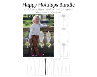 Happy Holidays Bundle, PDF Sewing Pattern, Dress Shirt Pattern, Dress Slacks Pattern, Children Sew, Print at Home PDF, A0, Projection Sewing