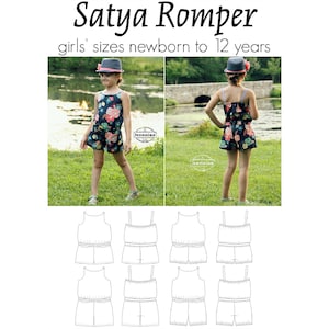 Könnte beinhalten: Ein digitales Schnittmuster für einen Mädchen-Jumpsuit, genannt "Satya Romper", in den Größen von Neugeborenen bis 12 Jahren. Das Schnittmuster umfasst acht verschiedene Größen, die als Strichzeichnungen des Jumpsuits dargestellt sind.
