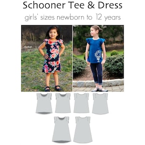 May include: A pattern for a girls' tee and dress, with sizes from newborn to 12 years. The image shows two girls wearing the finished garments, one in a floral print dress and the other in a blue tee with a graphic. The image also shows six line drawings of the garment pattern.