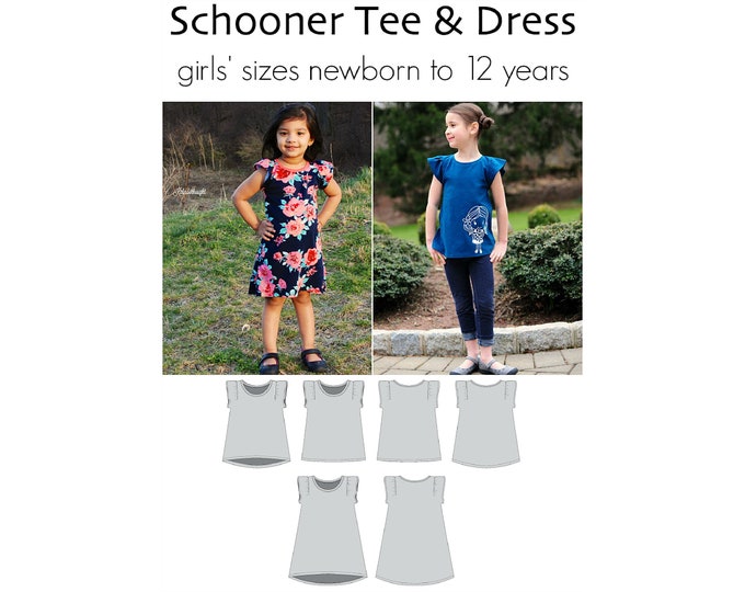 Schooner Tee and Dress, PDF Sewing Pattern, Tee Dress Pattern, Flutter Sleeve Shirt PDF, Girls Sewing, Print at home, A0, Projection