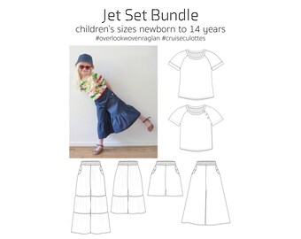 Jet Set Bundle, PDF Sewing Pattern, Hat Pattern, Woven Top Pattern, Culottes Pattern, Children Sew, Print at Home PDF, A0, Projection Sewing