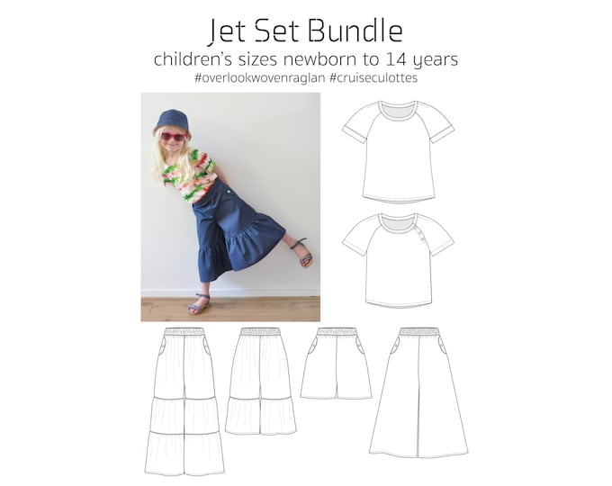 Jet Set Bundle, PDF Sewing Pattern, Hat Pattern, Woven Top Pattern, Culottes Pattern, Children Sew, Print at Home PDF, A0, Projection Sewing