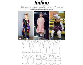 Indigo Dress and Romper, PDF Sewing Pattern, Dress Pattern, Peplum Pattern, Romper Pattern, Bubble Romper Sew, Print at Home, A0, Projection