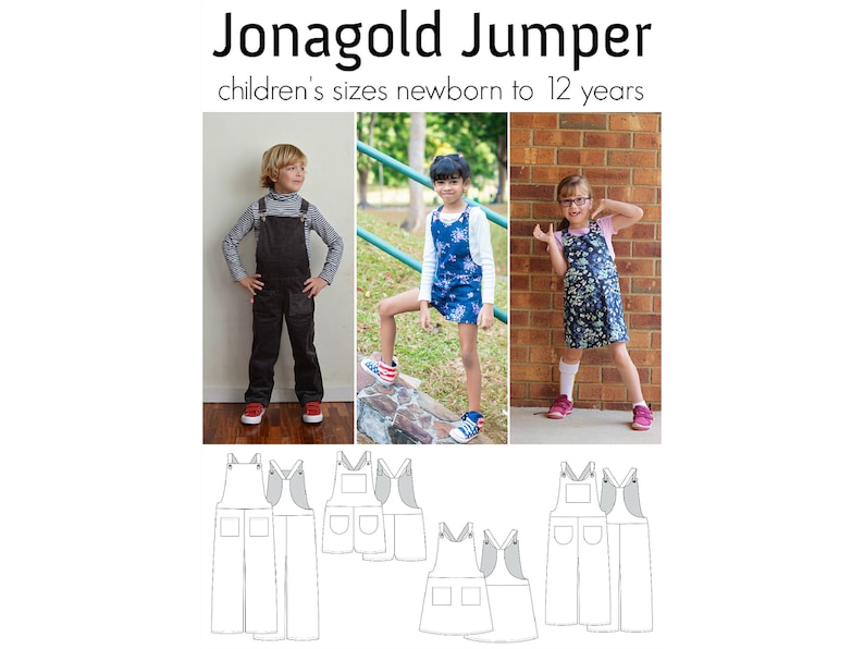 K&ouml;nnte beinhalten: Ein Schnittmuster f&uuml;r einen Kinder-Jumpsuit, genannt Jonagold Jumper, in den Gr&ouml;&szlig;en von Neugeborenen bis 12 Jahren. Das Schnittmuster beinhaltet eine Vorder- und R&uuml;ckseite des Jumpsuits mit Taschen und Tr&auml;gern.