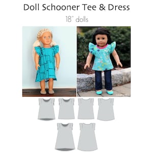 Könnte beinhalten: Das Bild zeigt Puppenkleidung, darunter ein türkisfarbenes Kleid mit schwarzem geometrischen Muster und ein Oberteil mit Blumenmuster und Jeans. Der Text "Doll Schooner Tee & Dress" und "18" dolls" ist sichtbar.