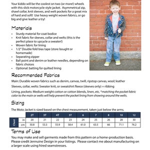 May include: A sewing pattern for a children's moto jacket with instructions for making the jacket. The pattern includes a size chart in inches and centimeters for sizes 2T through 12. The pattern is protected by copyright and should not be redistributed.