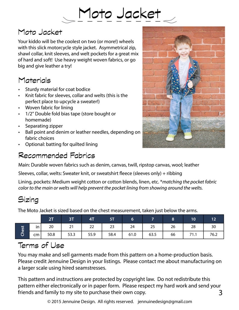 May include: A sewing pattern for a children's moto jacket with instructions for making the jacket. The pattern includes a size chart in inches and centimeters for sizes 2T through 12. The pattern is protected by copyright and should not be redistributed.