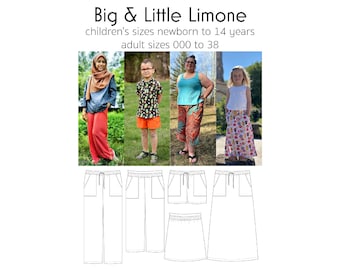 Big & Little Limone Lounge Set Bundle, PDF Sewing Pattern, Pants Pattern, Shorts Pattern, Skirt Pattern, Print at Home PDF, A0, Projection