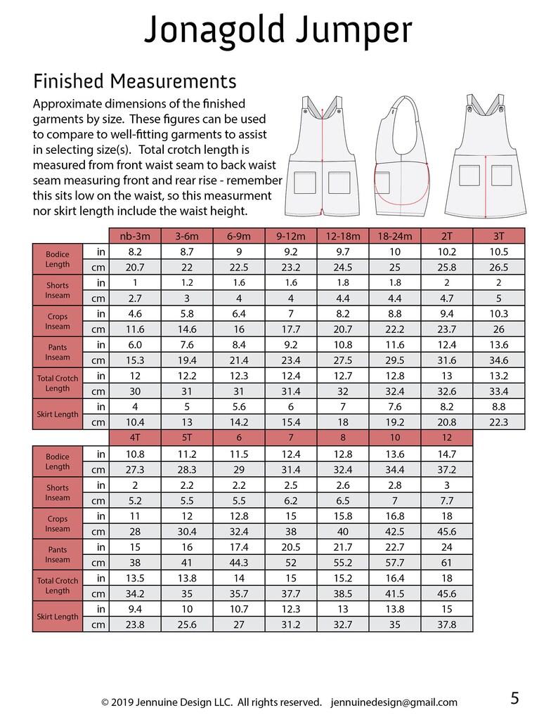 K&ouml;nnte beinhalten: Eine Tabelle mit den fertigen Ma&szlig;en f&uuml;r einen Jonagold-Jumper in Zoll und Zentimetern. Die Tabelle enth&auml;lt Ma&szlig;e f&uuml;r die L&auml;nge des Oberteils, die Schrittl&auml;nge der Shorts, die Schrittl&auml;nge der Crops, die Schrittl&auml;nge der Hose, die Gesamtl&auml;nge des Schritts und die L&auml;nge des Rocks. Die Tabelle enth&auml;lt Gr&ouml;&szlig;en von Neugeborenen bis 3T.