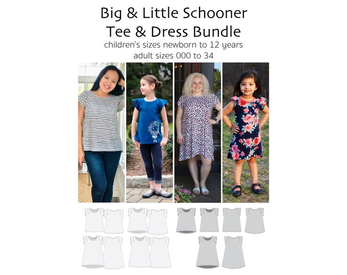 Big & Little Schooner Tee and Dress, PDF Sewing Pattern, Tee Pattern, Dress Pattern, Sewing Bundle, Print at Home PDF, A0, Projection Sewing