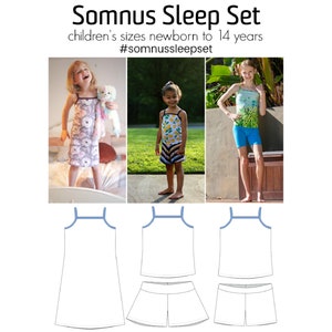 May include: A white sleep set for children with blue trim. The set includes a sleeveless top and shorts. The set is shown on three children wearing different patterned sleepwear. The text "Somnus Sleep Set" and "children's sizes newborn to 14 years" is shown above the image. The hashtag "#somnussleepset" is shown below the image.