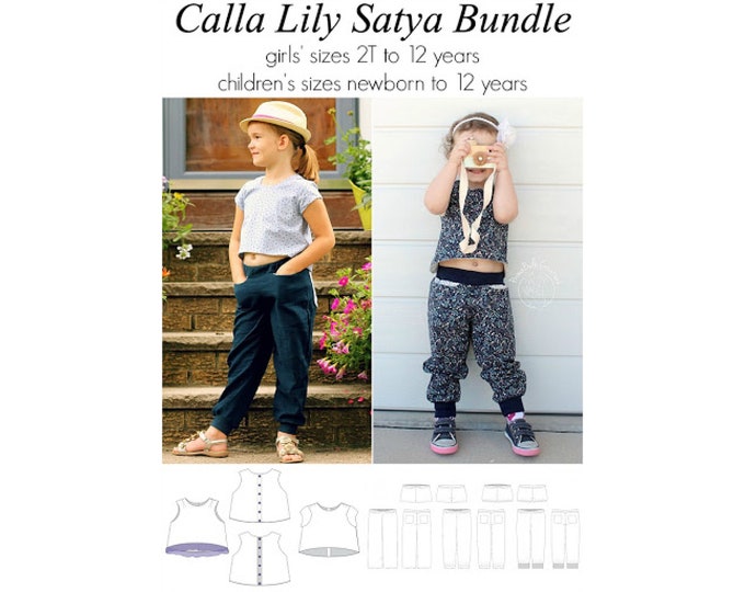 Calla Lily Satya Bundle, PDF Sewing Pattern, Crop Top Pattern, Pants Pattern, Shorts Pattern, Children Sewing, Girl Sew, Print at Home PDF