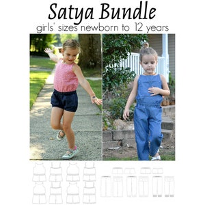May include: A digital sewing pattern for a girls' jumpsuit and shorts set. The pattern includes sizes for newborns to 12 years old. The image shows two girls wearing the finished garments, one in a blue denim jumpsuit and the other in a pink and white patterned top with navy blue shorts. The pattern includes a variety of sizes and styles.