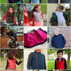 May include: A collage of children wearing different styles of zippered vests. The vests are in various colors, including red, blue, green, and black. Some vests have a skull design, while others have a floral pattern. The children are all smiling and looking at the camera.