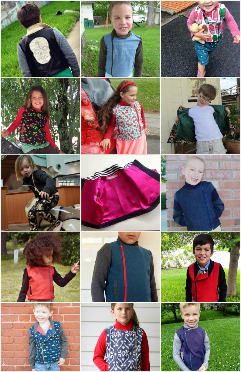 May include: A collage of children wearing different styles of zippered vests. The vests are in various colors, including red, blue, green, and black. Some vests have a skull design, while others have a floral pattern. The children are all smiling and looking at the camera.