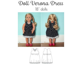 Doll Verona Dress, PDF Sewing Pattern, 18 Inch Doll Outfit, Doll Dress Pattern, Doll Clothes Sewing Pattern, Print at home